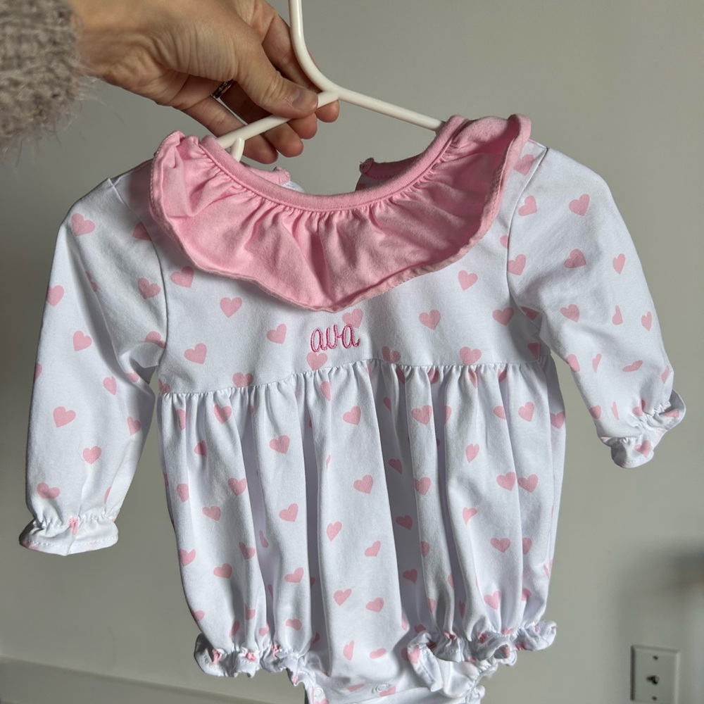 Pink Heart onesie Cecil and Lou-  Ava- 6-12 month